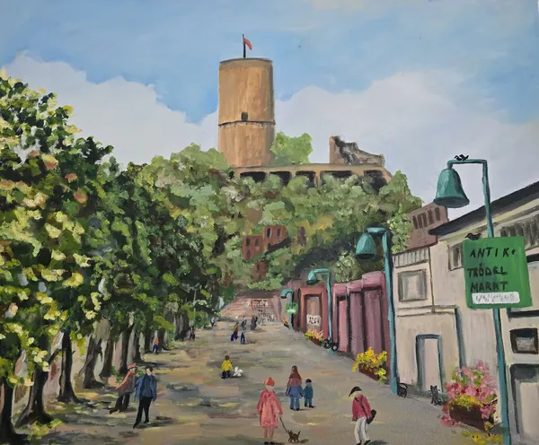 Handgemaltes Landschaftsbild der historischen Godesburg in Bonn bei Dämmerung