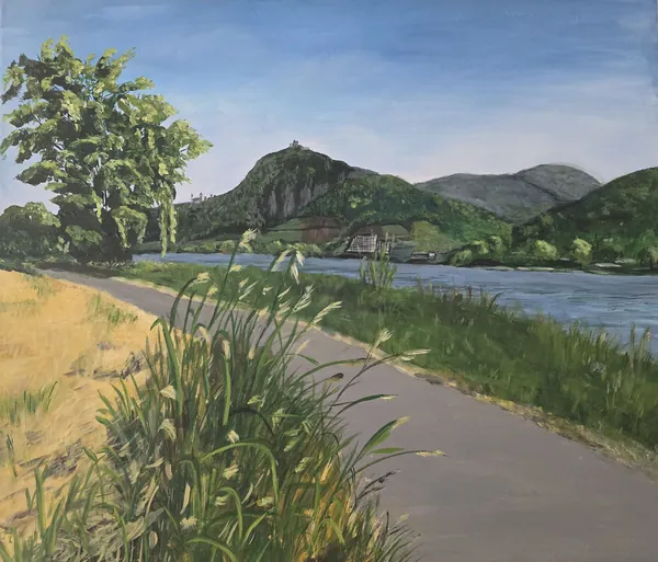 Handgemaltes Acrylbild des herbstlichen Rheinaue-Sees in Bonn mit Bäumen und Spiegelungen