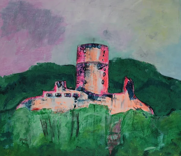 Handgemaltes Gemälde „Godesburg modern“ – Multimediatechnik auf Papier, 40 × 50 cm von Manuela Schenk