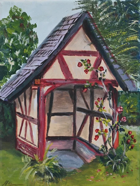 Handgemaltes Gemälde „Pförtnerhäuschen am Klufterhof Friesdorf“ – Öl auf Leinwand, 18 × 24 cm von Manuela Schenk