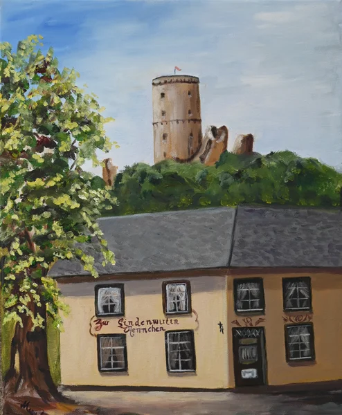 Handgemaltes Gemälde „Gasthaus „Zur Lindenwirtin“ mit Godesburg“ – Öl auf Leinwand, 30 × 40 cm von Manuela Schenk