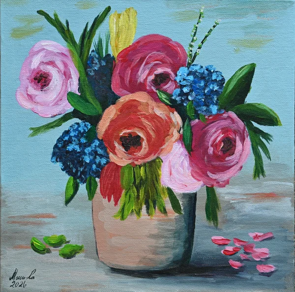 Handgemaltes Gemälde „Blumenbouquet“ – Acryl auf Karton, 30 × 30 cm von Manuela Schenk