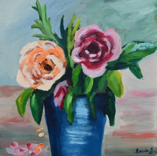 Handgemaltes Gemälde „Kleines Blumenbouquet“ – Öl auf Karton, 30 × 30 cm von Manuela Schenk