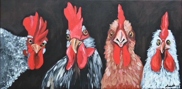 Handgemaltes Gemälde „Lustige Hühner“ – Acryl auf Leinwand, 30 × 60 cm von Manuela Schenk