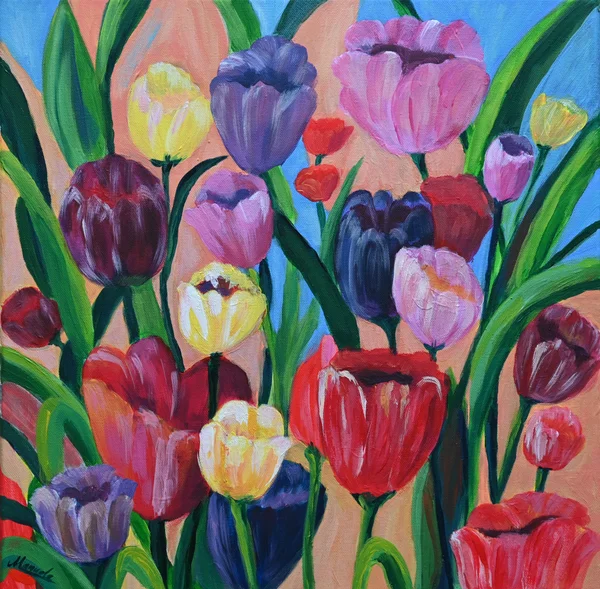 Handgemaltes Gemälde „Bunte Tulpenpracht“ – Acryl auf Leinwand, 40 × 40 cm von Manuela Schenk