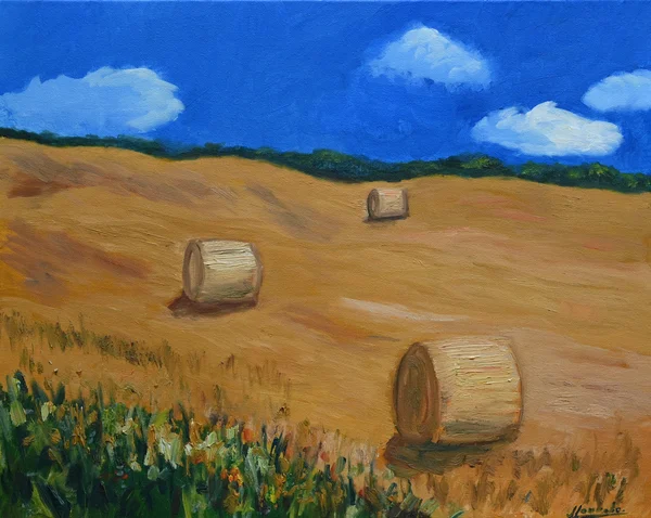 Handgemaltes Gemälde „Heuballen an der französischen Atlantikküste“ – Öl auf Leinwand, 40 × 50 cm von Manuela Schenk