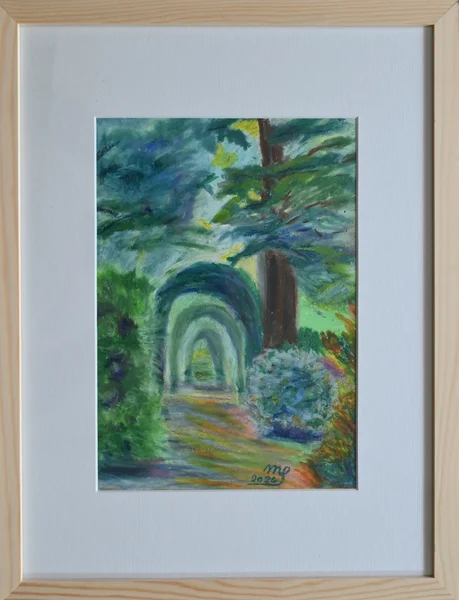 Handgemaltes Gemälde „Spazierweg Friedhof Dottendorf (I)“ – Ölkreide auf Papier, Rahmen aus Birkenholz, 33 × 43 cm von Manuela Schenk
