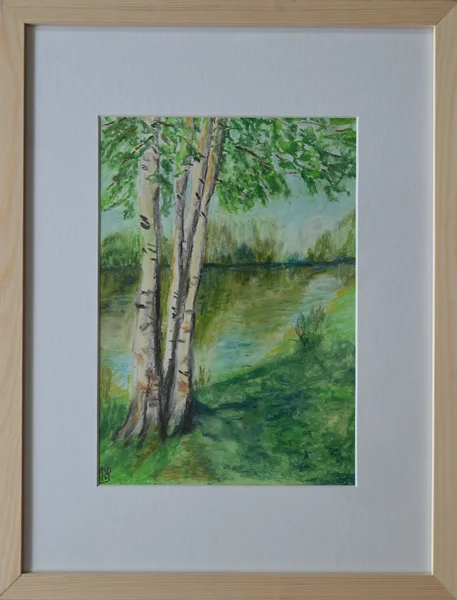 Handgemaltes Gemälde „Spazierweg am Blausteinsee Eschweiler“ – Ölkreide auf Papier, Rahmen aus Birkenholz, 33 × 43 cm von Manuela Schenk
