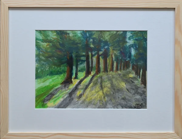 Handgemaltes Gemälde „Spazierweg Friedhof Dottendorf (II)“ – Ölkreide auf Papier, Rahmen aus Birkenholz, 33 × 43 cm von Manuela Schenk