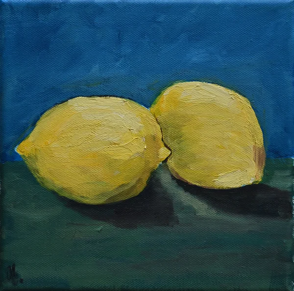 Handgemaltes Gemälde „Zitronen“ – Öl auf Leinwand, 19 × 19 cm von Manuela Schenk