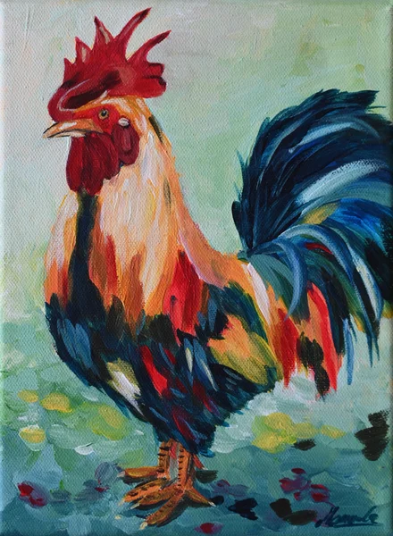 Handgemaltes Gemälde „Der gallische Hahn“ – Acryl auf Leinwand, 18 × 24 cm von Manuela Schenk