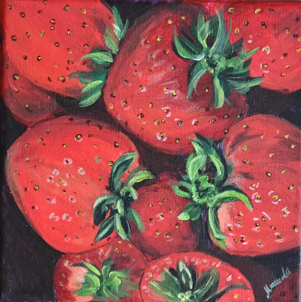 Handgemaltes Gemälde „Frische Erdbeeren“ – Acryl auf Leinwand, 19 × 19 cm von Manuela Schenk