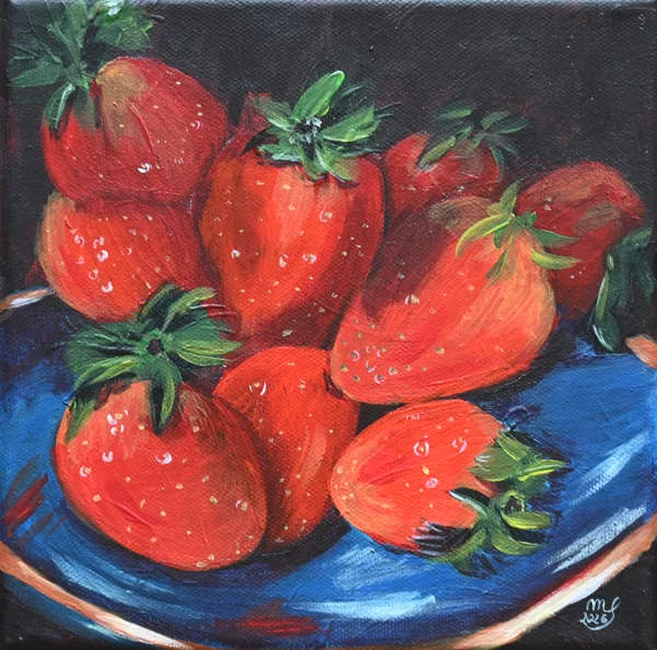 Handgemaltes Gemälde „Erdbeeren auf blauem Teller“ – Acryl auf Leinwand, 19 × 19 cm von Manuela Schenk