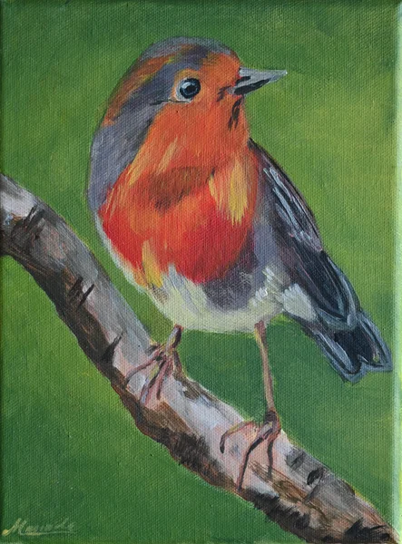 Handgemaltes Gemälde „Rotkehlchen im Winter“ – Acryl auf Leinwand, 18 × 24 cm von Manuela Schenk