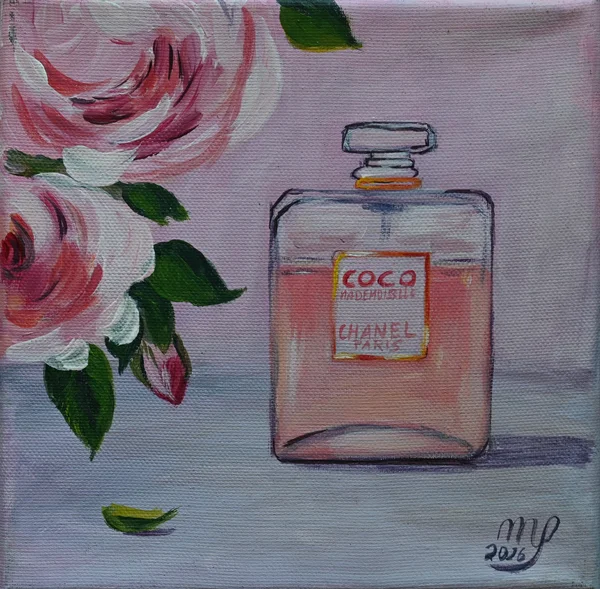 Handgemaltes Gemälde „Parfum Coco Mademoiselle“ – Acryl auf Leinwand, 19 × 19 cm von Manuela Schenk