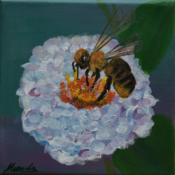 Handgemaltes Gemälde „Biene auf Hortensie“ – Acryl auf Leinwand, 19 × 19 cm von Manuela Schenk