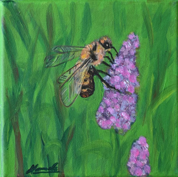 Handgemaltes Gemälde „Biene auf Lavendel“ – Acryl auf Leinwand, 19 × 19 cm von Manuela Schenk