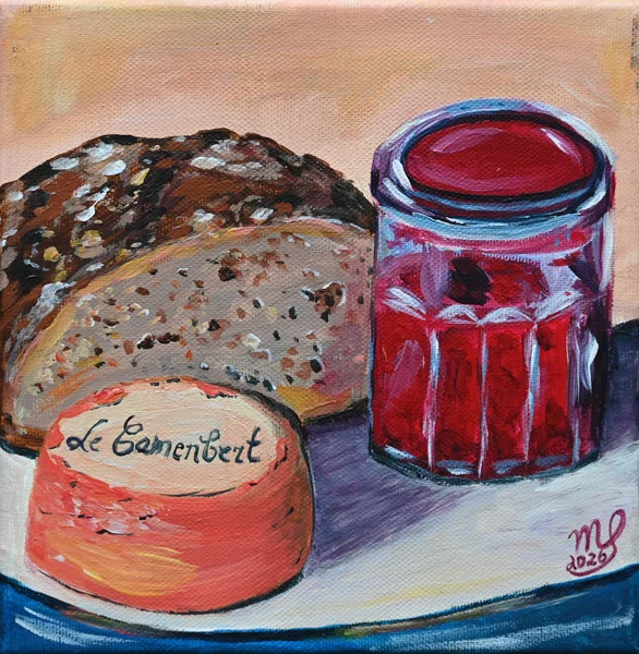 Handgemaltes Gemälde „Stillleben „Le petit déjeuner““ – Acryl auf Leinwand, 19 × 19 cm von Manuela Schenk