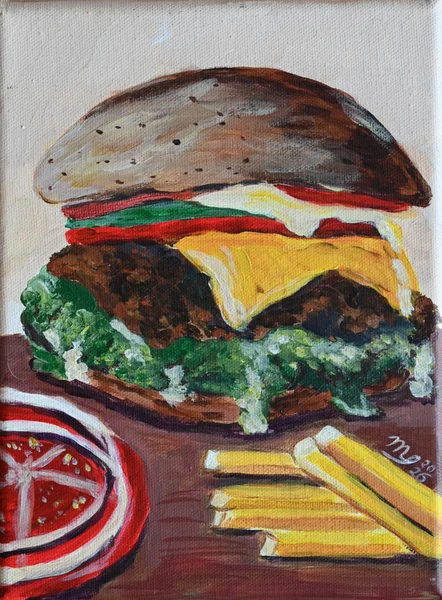 Handgemaltes Gemälde „Burger & Fries Pop-Art“ – Acryl auf Leinwand, 24 × 30 cm von Manuela Schenk