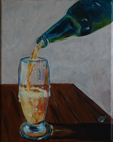 Handgemaltes Gemälde „Kühles Bier im Glas“ – Acryl auf Leinwand, 18 × 24 cm von Manuela Schenk